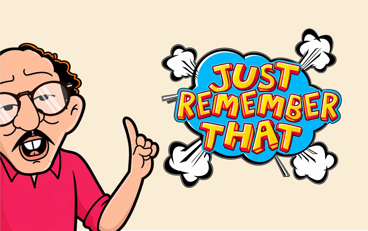 Cartoon of a man in glasses raising one finger beside the title Just Remember That in comic lettering